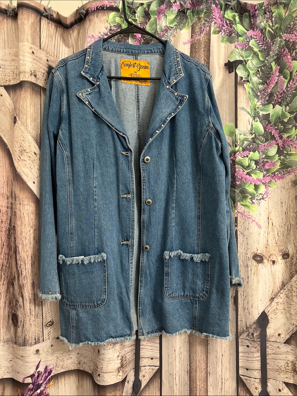 Comfort Denim Blue Stud-Trim Fringe Jean Jacket